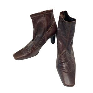 Franco Sarto Womens 10M L-Jumble Brown Leather Zipper Block Heel Ankle Booties